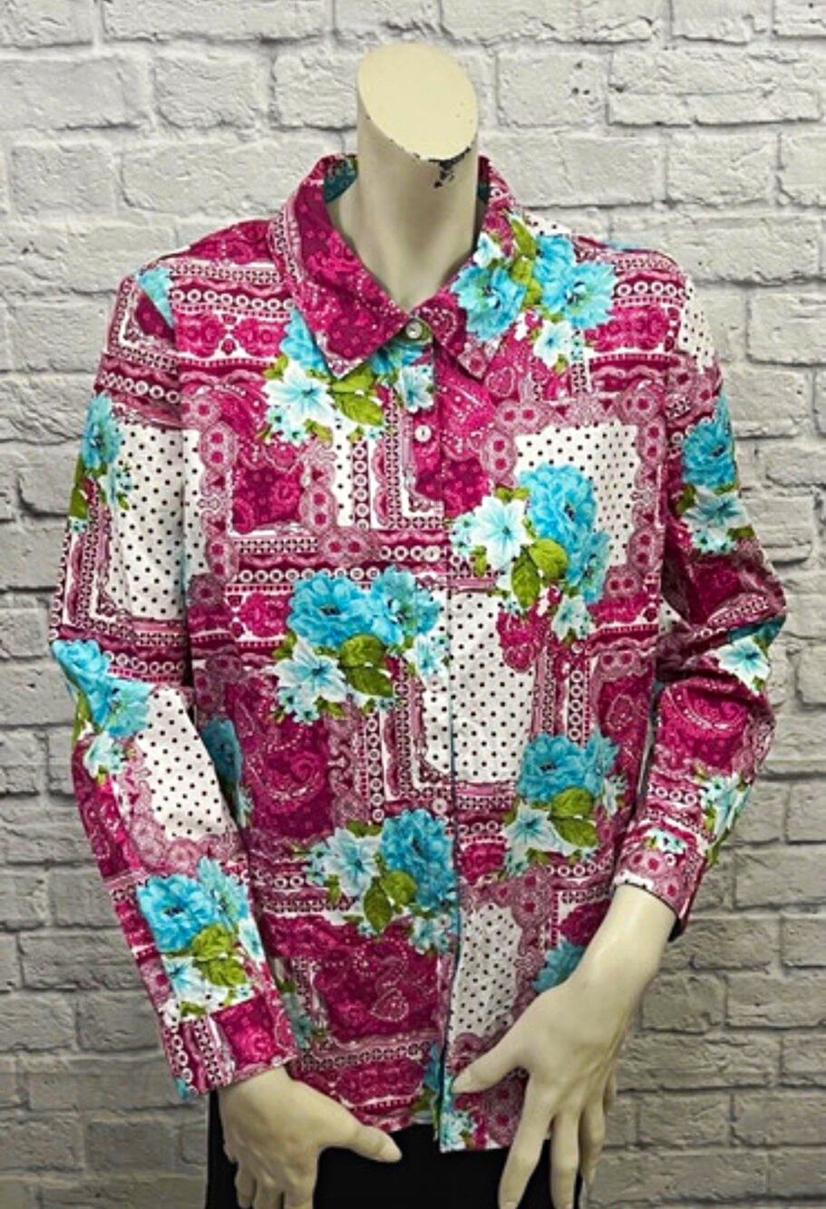Susan Graver pink floral collared cotton button-up long sleeve 10
